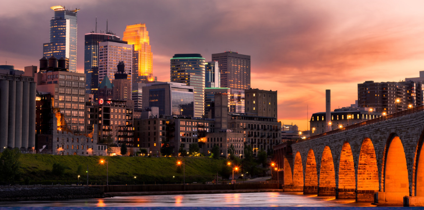 minneapolis minnesota downtown bridge sunset.