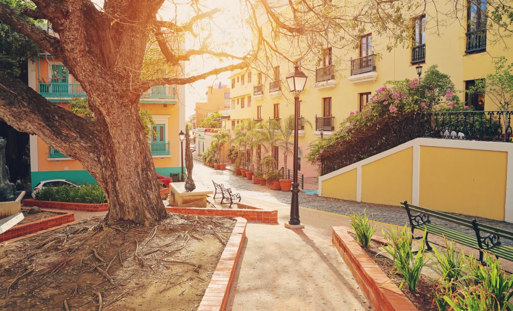 sunset on a street in san juan, puerto rico