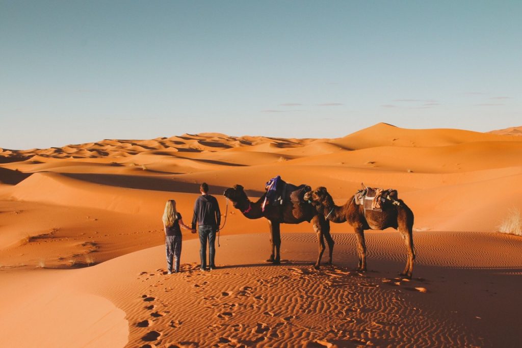 morocco sand dunes couple with camels