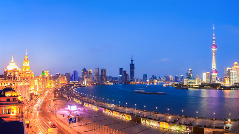 Shanghai bund and oriental pearl tower at night.