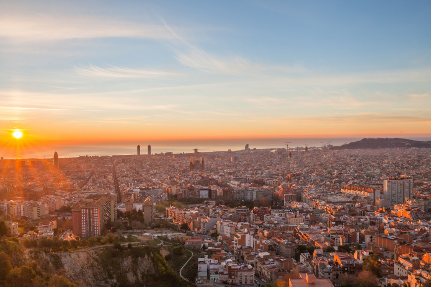 Barcelona, spain buildings at sunset.