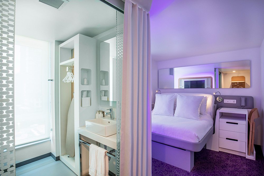 interior view of hotel room in boston yotel