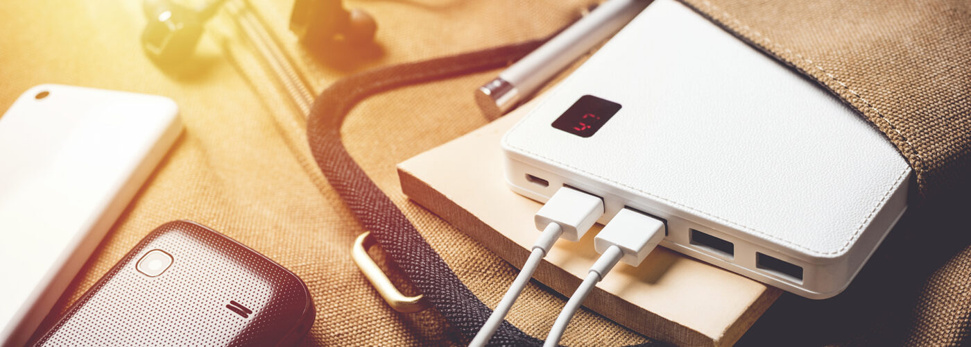 bag with devices charging.