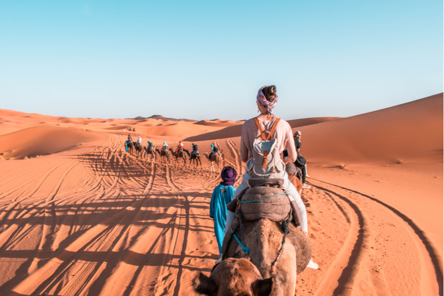 Randonnée en chameau dans le désert du Sahara. Maroc