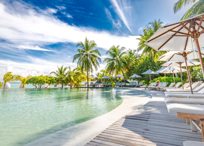 Line of lounge chairs on a deck next to the ocean surrounded by palm trees on a sunny day