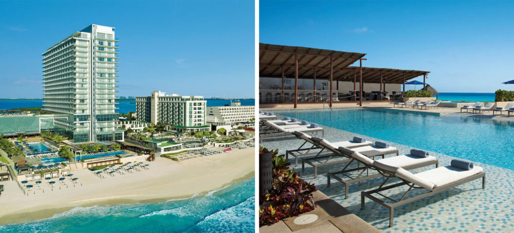 Shoreline along the Secrets The Vine Cancún All-Inclusive Adults Only property (left) and lounge chairs along the pool at Secrets The Vine Cancún All-Inclusive Adults Only(right)