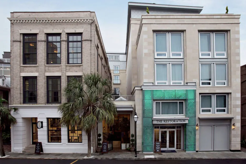 The front entrance to The Restoration hotel in Charleston, SC