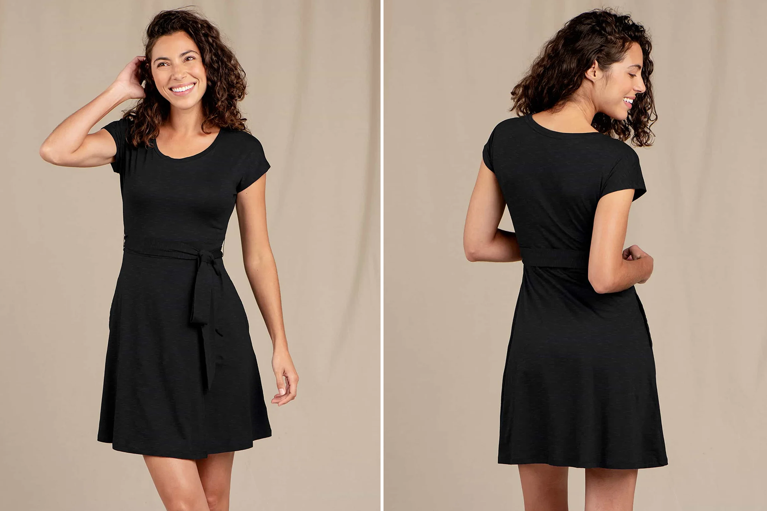 Female modeling black dress front and back