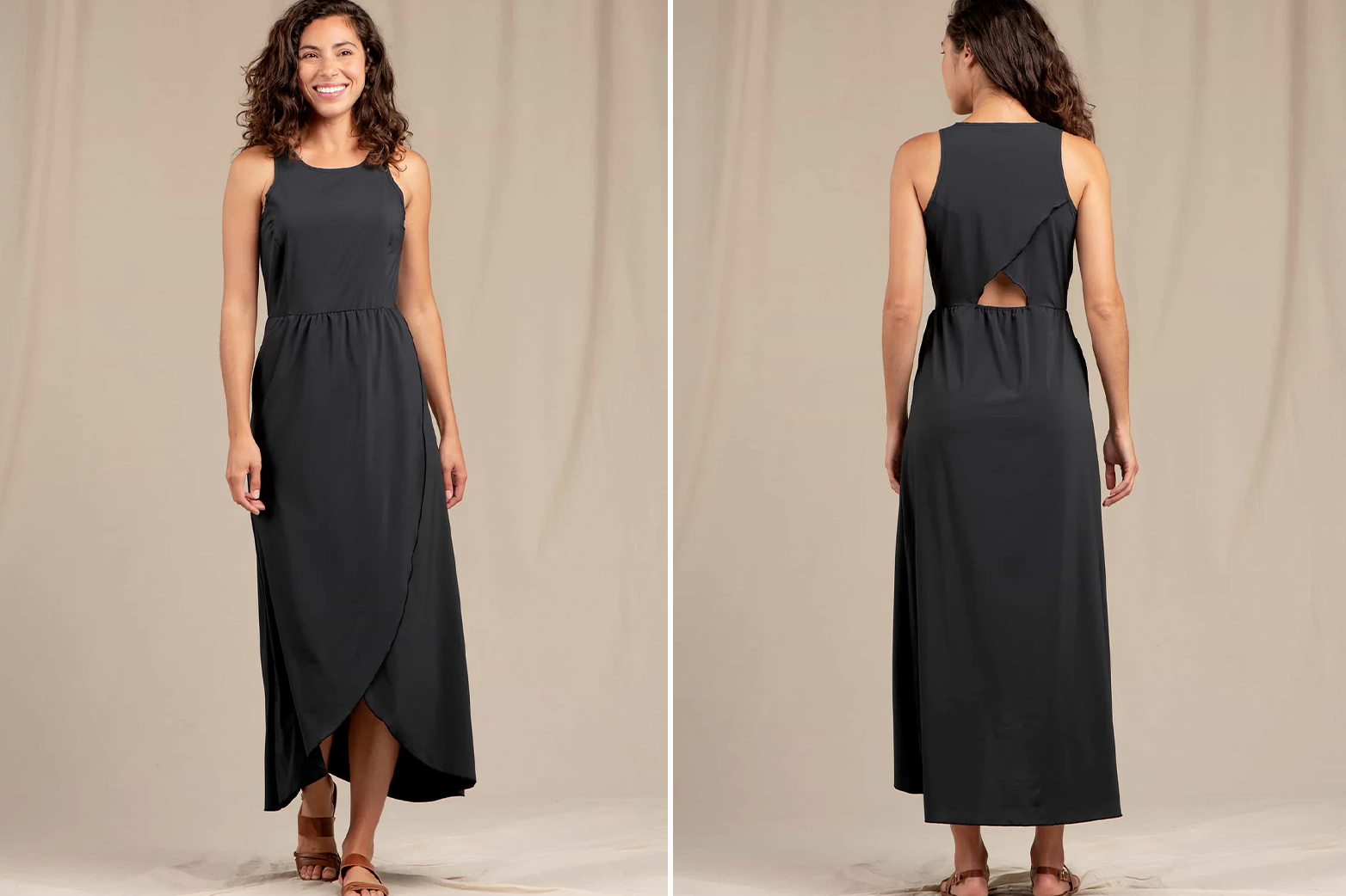 Female modeling black maxi dress front and back