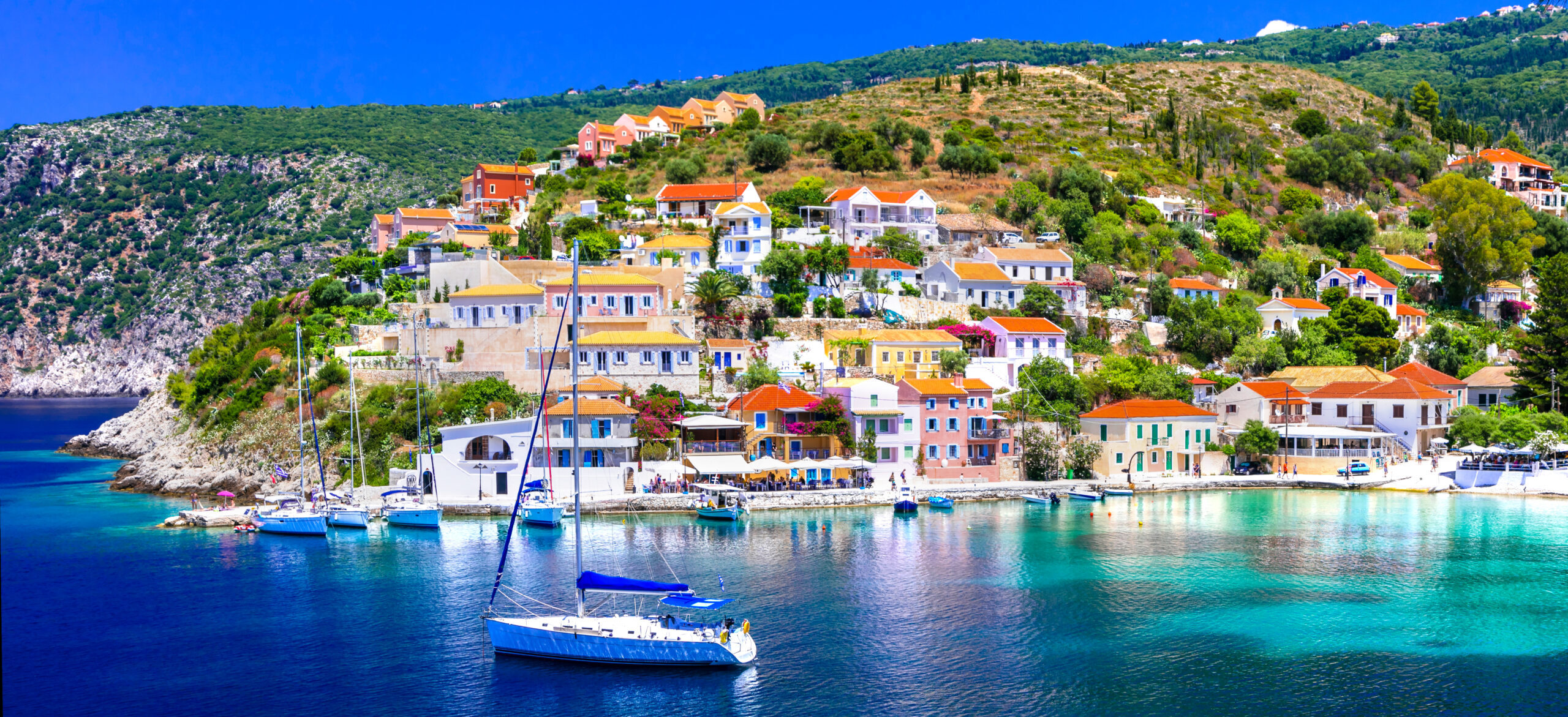 Assos village Mediterranean Sea, Greece. Summer vacation on Greek