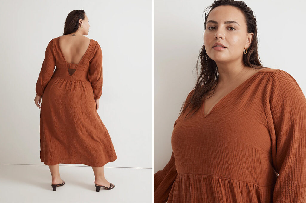 Madewell Plus Lightspun V-Neck Midi Dress, the Best Lightweight Plus-Size Dress for Fall travel