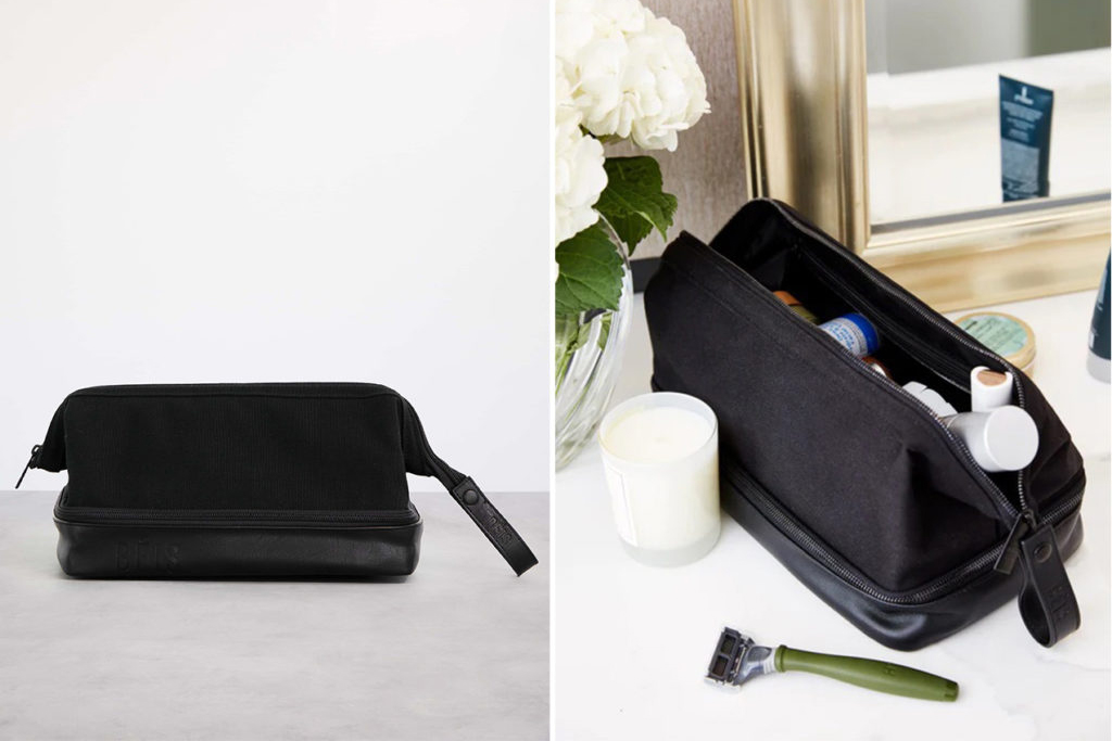 Two images, one closes on a grey backdrop and one open on a bathroom counter, of the Beis The Dopp Kit