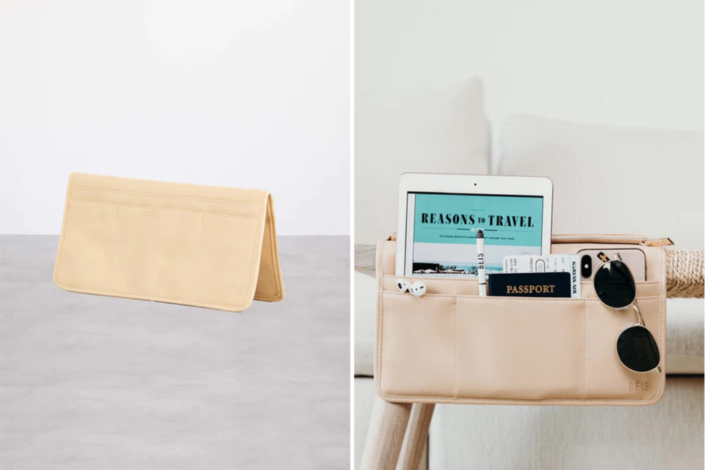 Beis Seatback Organizer on a grey backdrop (left) and Beis Seatback Organizer over the armrest of a chair, filled with electronics and small items (right)