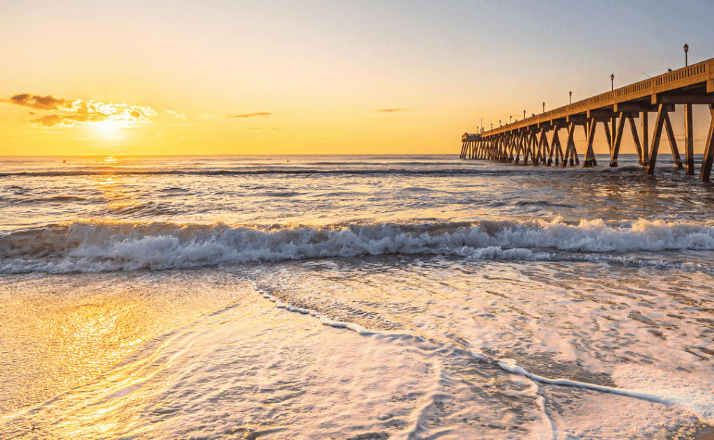Johnnie Mercers Fishing Pier at sunrise in Wrightsville Beach east of Wilmington, North Carolina,United State.