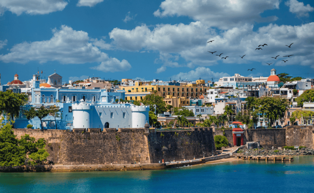 Colorful, historical buildings on the coast of Old San Juan, Puerto Rico