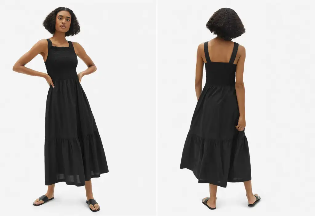 Model showing two angles of the Everlane The Smock Dress in black