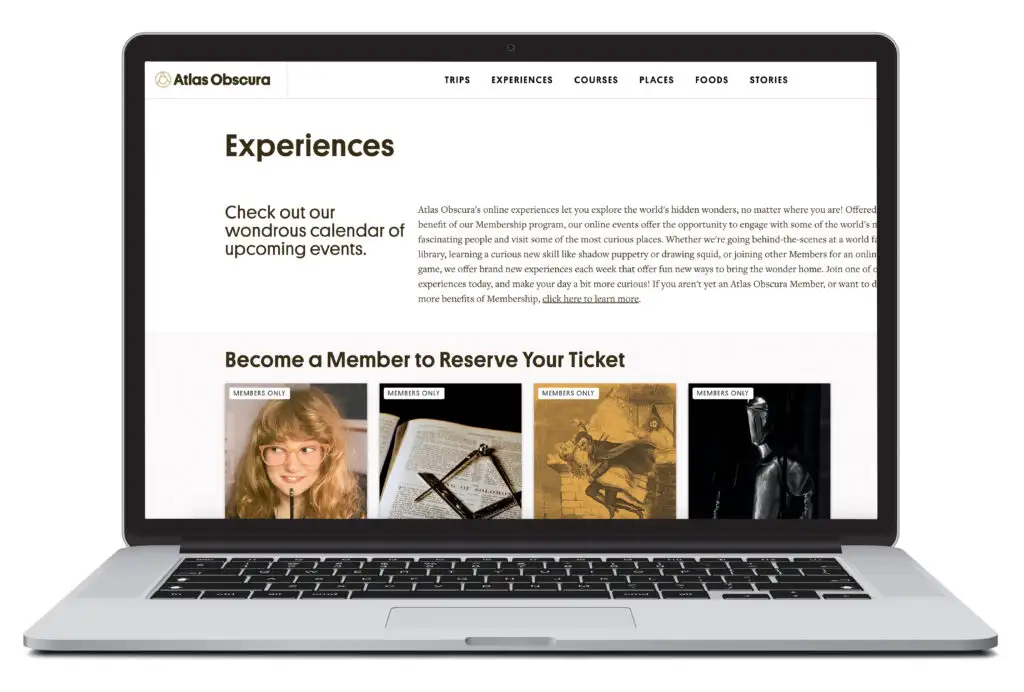 Laptop showing the homescreen of Atlas Obscura, a ticket and excursion booking website