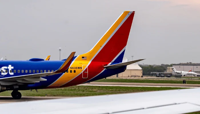 Houston, TX, USA - 03.15.2024 - Southwest Airlines airplanes parked and awaiting departure times during a grounding event for inclement weather