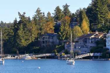 San Juan Islands, Washington. Scenic view of boats and houses on the hillside.